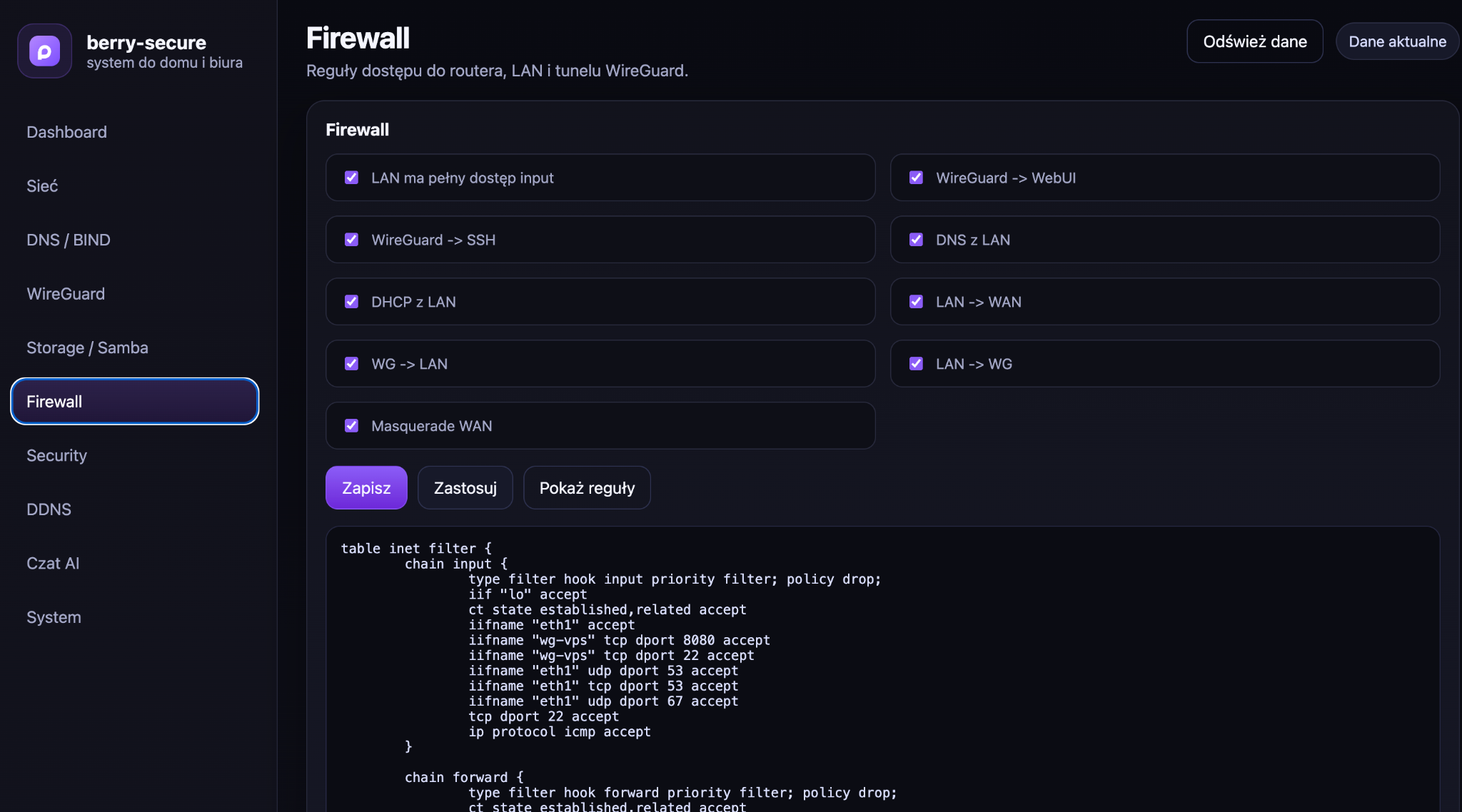 Sekcja firewall w berry-secure